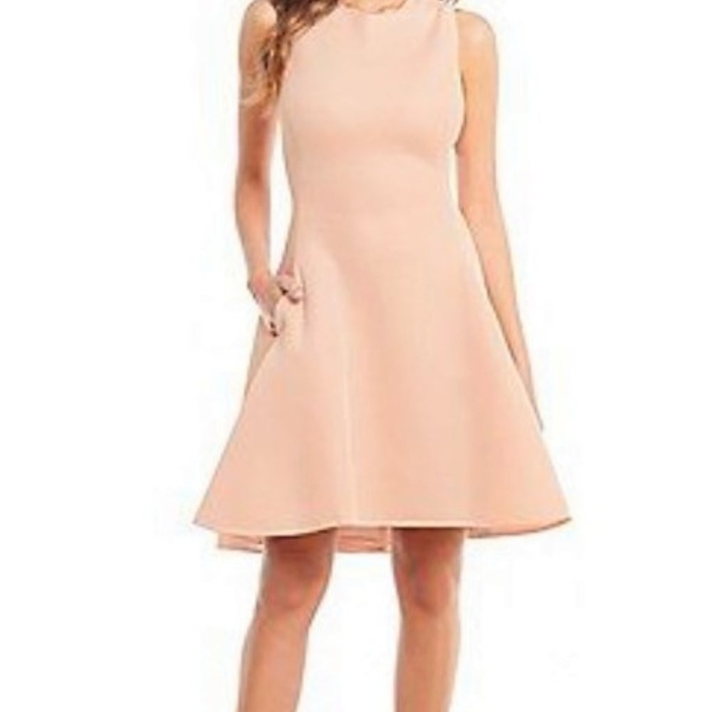 DKNY Women's Peach Mesh Fit & Flare Scuba Sleeveless Dress